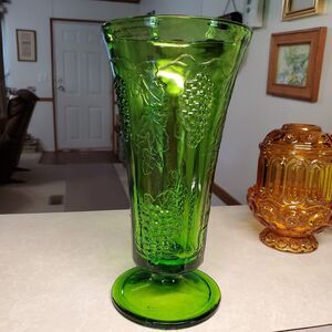 Vintage Indiana Glass Vase Footed Harvest Grape and Leaf Avocado Green